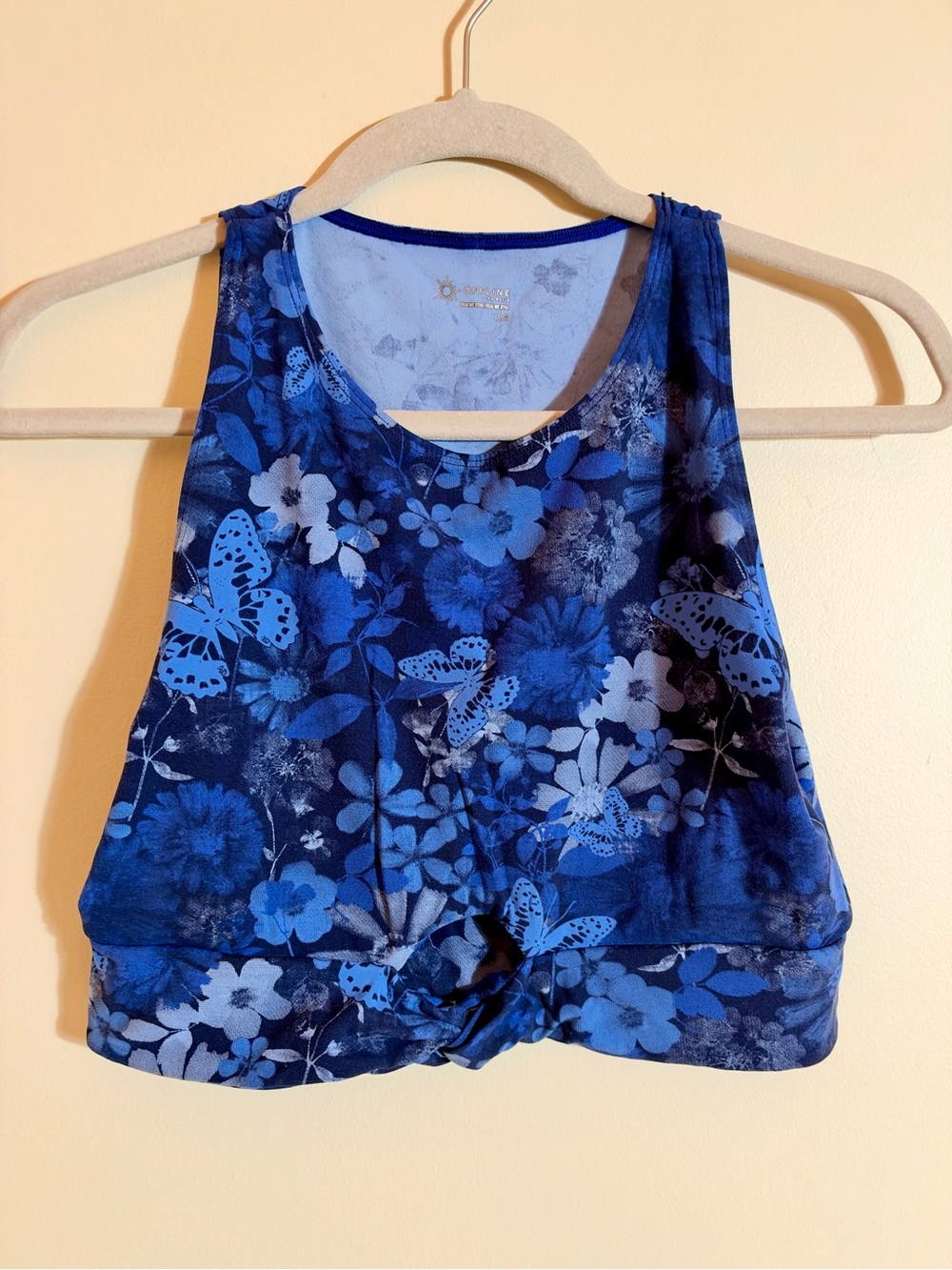 Offline by Aerie Floral Butterfly Print Blue Twist Crop Workout Tank Top Large